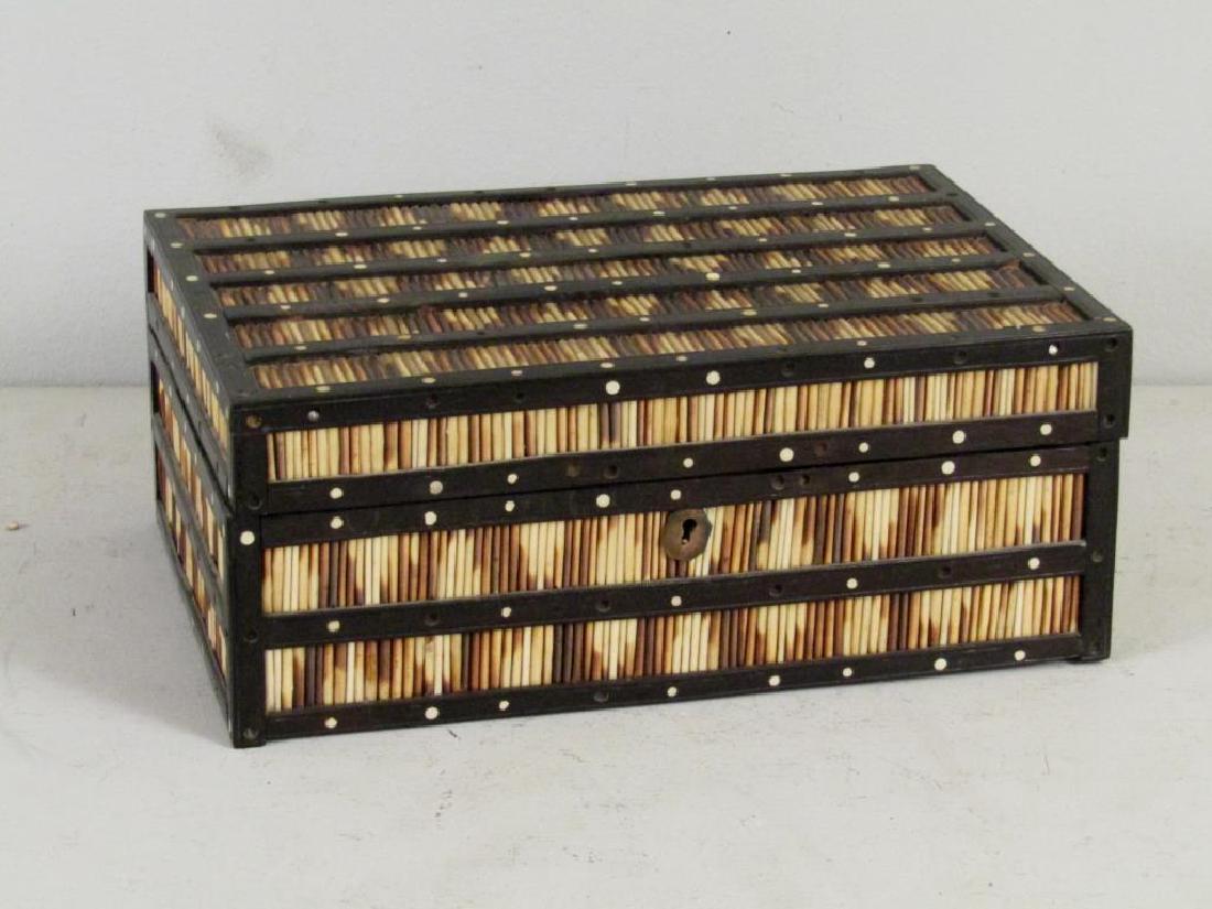 English Quill Sewing / Jewlery Box: Quill base exterior with inside fitted tray with 9 covers having inlaid bone dots (as is). 12W X 8"D X 5"H"