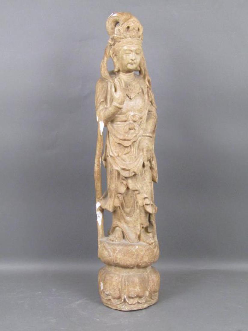 Asian Plaster Bodhisattva: With detailed robes, standing on lily pad. Retailed by L.W. Berinoff San Francisco. As is. 33.5H"