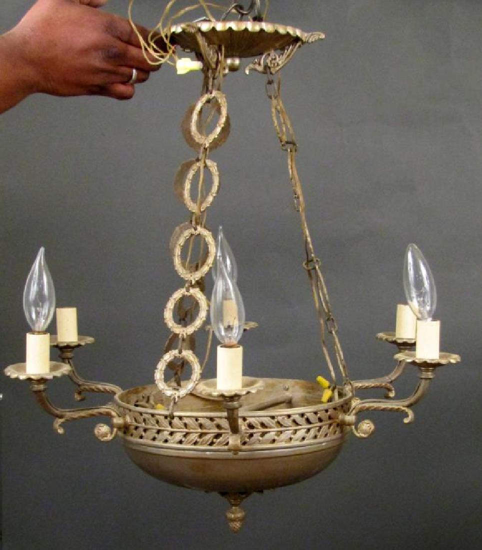 Empire Style Gilt Metal Chandlier: Wreath chains, bowl with leaf border and acorn finial. 6 lights. 20Dia. X 25"H"