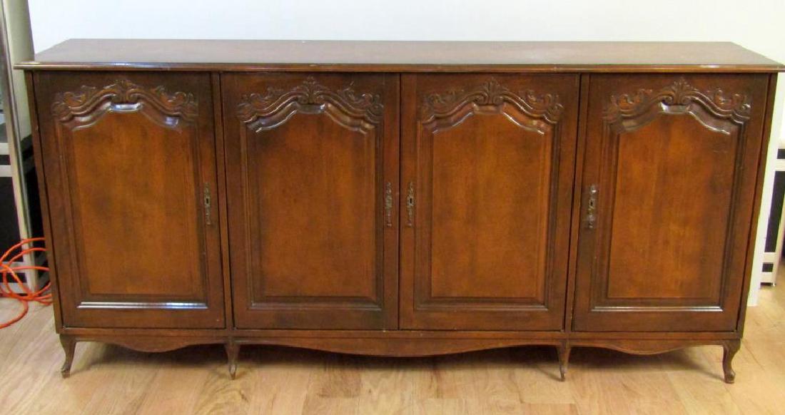 Country French Style Sideboard: 4 doors with shelves and drawers, thin carved legs. 80"W X 16"D X 37"H.