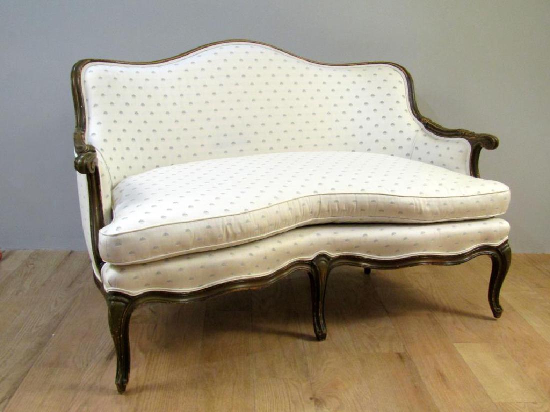 Frenc Provincial Style Settee: Scroll arms, serpentine form, down cushion. 52W X 26"D X 35"H"