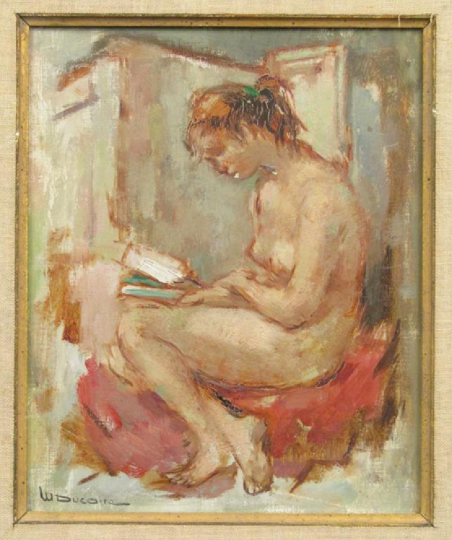 Maryse Ducaire (French, 1911-1982) - Oil on Canvas: Nude study of a young woman reading. Signed lower left. 10 X 8" (18.5" X 16.5")"