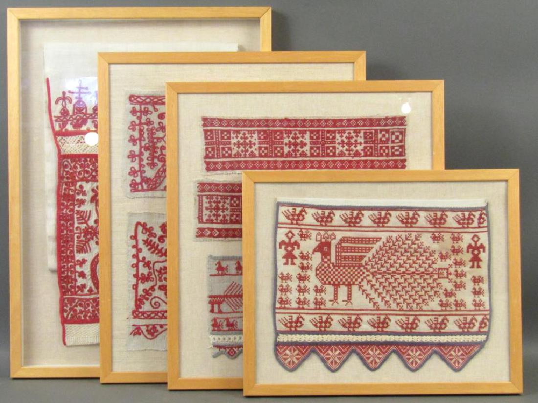 4 Russian Embroidered Towels / Samplers (Rusniki): On linen. Embroidered with figures, equestrian figures, floral patterns, and peacock designs. 26 X 18""