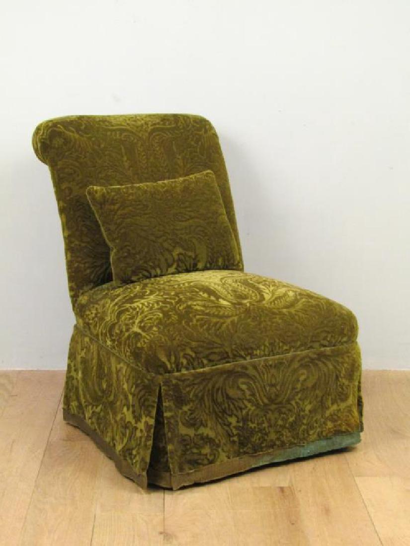 Victorian Style Slipper Chair: Upholstered with full skirt, front legs with casters. 24W X 23"D X 32"H"