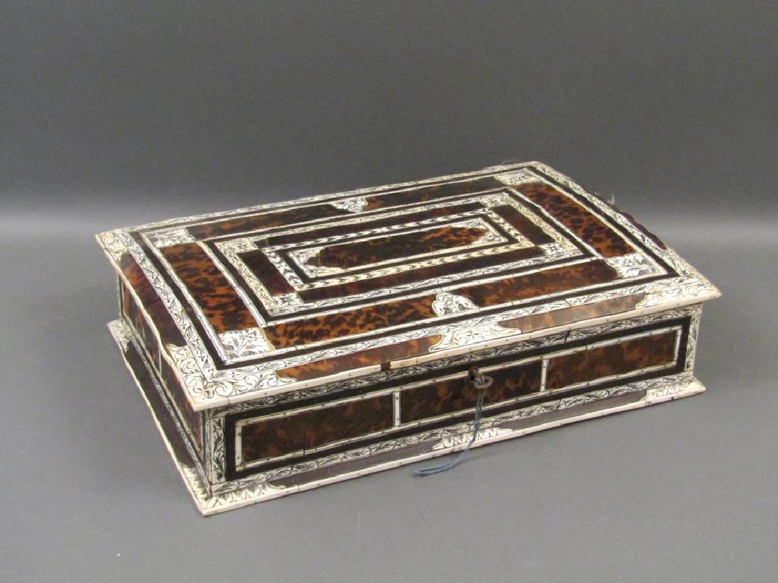 English Bone and Tortoiseshell Box: Incised bone with hinged and propping top. 16"W X 11"D X 4"H. (East 86 Street Estate)