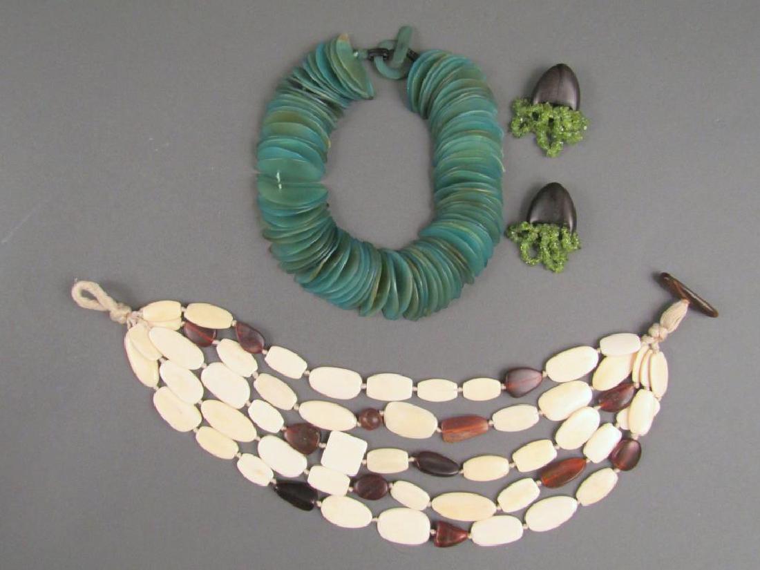 3 Sculptural Costume Jewelry Pieces: Tahari choker (22 long) with green plates and choker with geometric beads. Pair Monies clip on earrings."