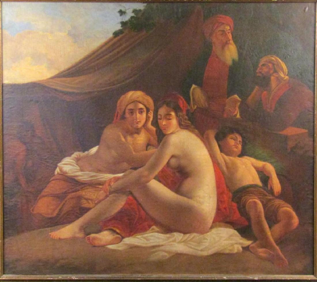 Unsigned - Large Oil on Canvas: Allegorical scene with two men, two nude women, and small child in hay. 42.5 X 49" (49" X 55")"