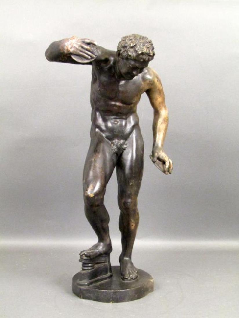 Italian Bronze Figure - Athlete: Greco Roman style athlete with 2 discus. Foundry mark on base of Pellas Firenze. Repaired and as is. 17W X 23.5"H"