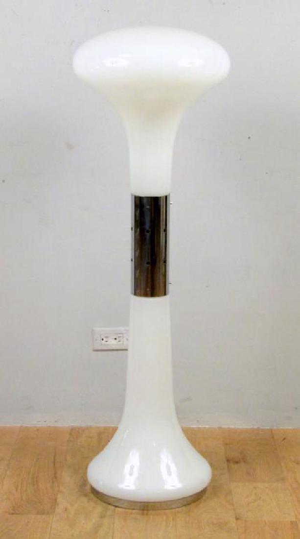 Carlo Nason, for Mazzega, of Murano: Milk glass top and base in mushroom style with chrome mount column and base. Carlo Nason, for Mazzega division of Murano. Floor switch to control both upper and lower light individually. 17Dia. X 47"H