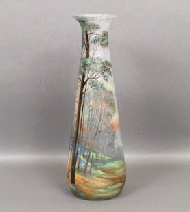 Lamartine Tall Cameo and Enameled Glass Vase: Woodland nature scene with tall trees and river. Signed on base, numbered 327/613 on bottom. 5.5Dia. X 17"H. Circa 1910 Ex Leo Kaplan Receipt. (Upper East Side NYC Property)"