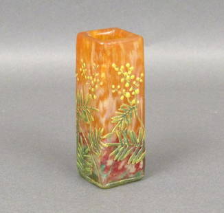 Daum Nancy Small Enameled Glass Vase: Square with fronds and small yellow blooms on orange cameo glass. Signed and with a triangular impression on bottom. 1Sq. X 3.75"H. Ex Leo Kaplan Receipt. (Upper East Side NYC Property)"