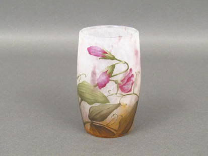 Daum Nancy Cameo Enameled Glass Vase: Flower and leaf design with white to orange cameo base. Signed. 2Dia. X 3.75"H. Ex Leo Kaplan Receipt. (Upper East Side NYC Property)"