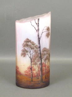 Daum Nancy Cameo Enameled Glass Vase: Angular wavy rim, Scenic woodland landscape on white cameo glass. Signed on the bottom. 4.75W X 3"D X 9.75"H. Circa 1910 Ex Leo Kaplan Receipt. (Upper East Side NYC Property)"