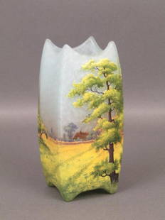 Daum Nancy Cameo Enameled Glass Vase: Sculpted rim, enameled trees in scenic landscape, arched base. Signed in enamel Daum Nancy B.S. 3Sq. X 6.75"H. Circa 1910 Leo Kaplan Receipt. (Upper East Side NYC Property)"