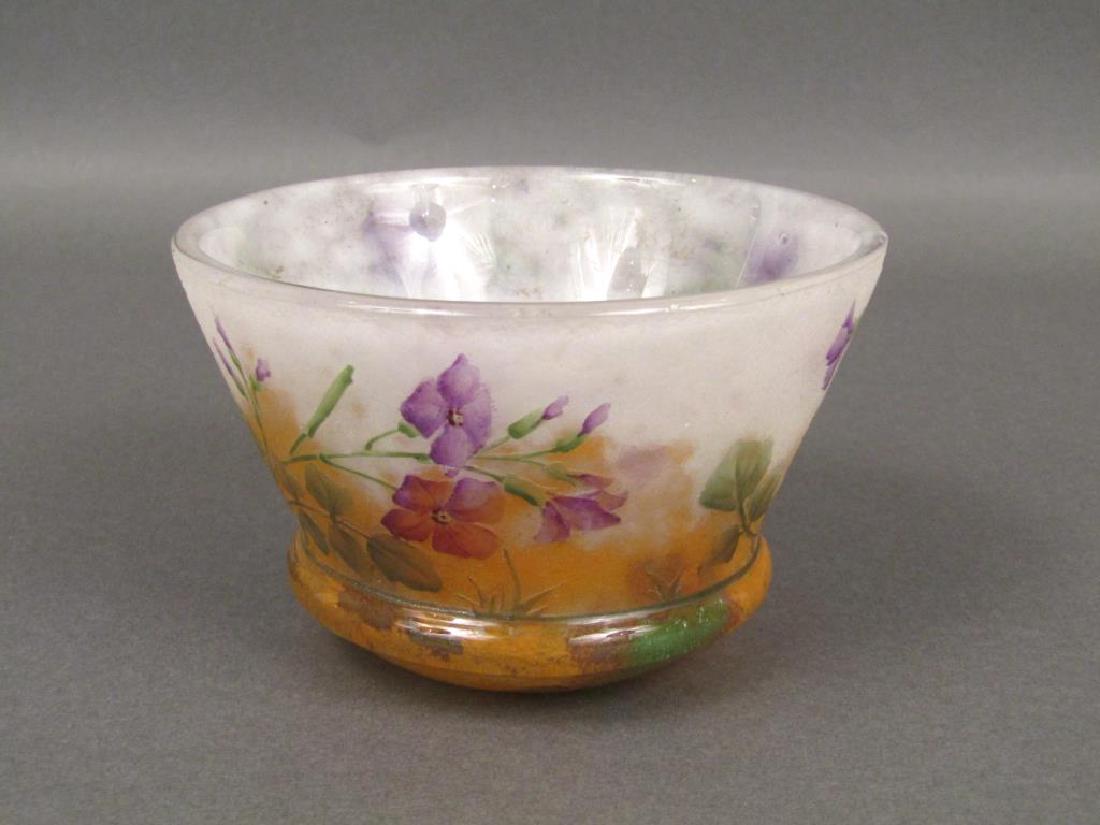 Daum Nancy Cameo Glass Bowl: Enamel flowers and leaves with white to orange cameo base. Signed above base: Daum Nancy (with Cross of Lorraine). Signed 'M' on bottom. 4.5Dia. X 2.75"H. (Upper East Side NYC Property)"