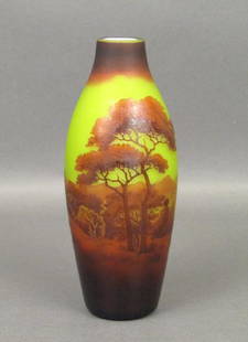 D'Argental Cameo Glass Vase: Woodland scenic with orange and yellow cameo. Signed in glass. 3.25Dia. X 8"H. Circa 1910 Leo Kaplan Receipt. (Upper East Side NYC Property)"