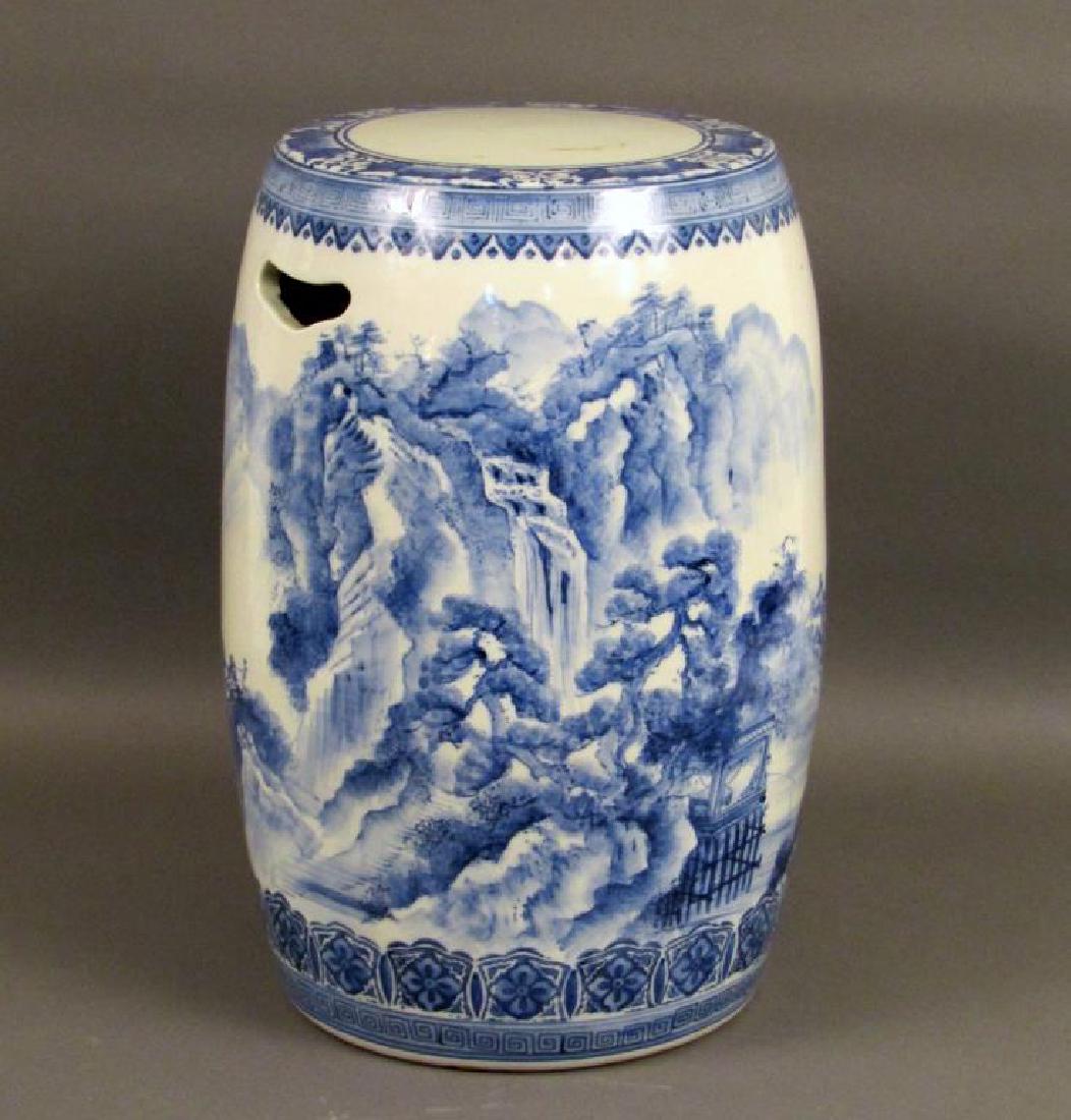 Chinese Blue and White Porcelain Garden Seat: Mountain and village scene with birds. 12Dia. X 18"H"