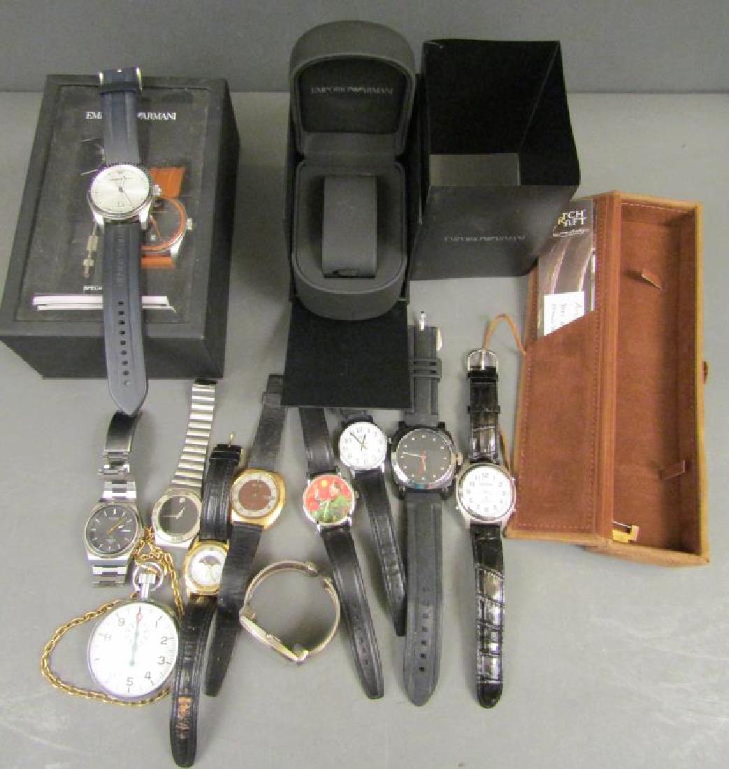 Assorted Lot of Man's Watches: Two Armani, faux Movado, etc.