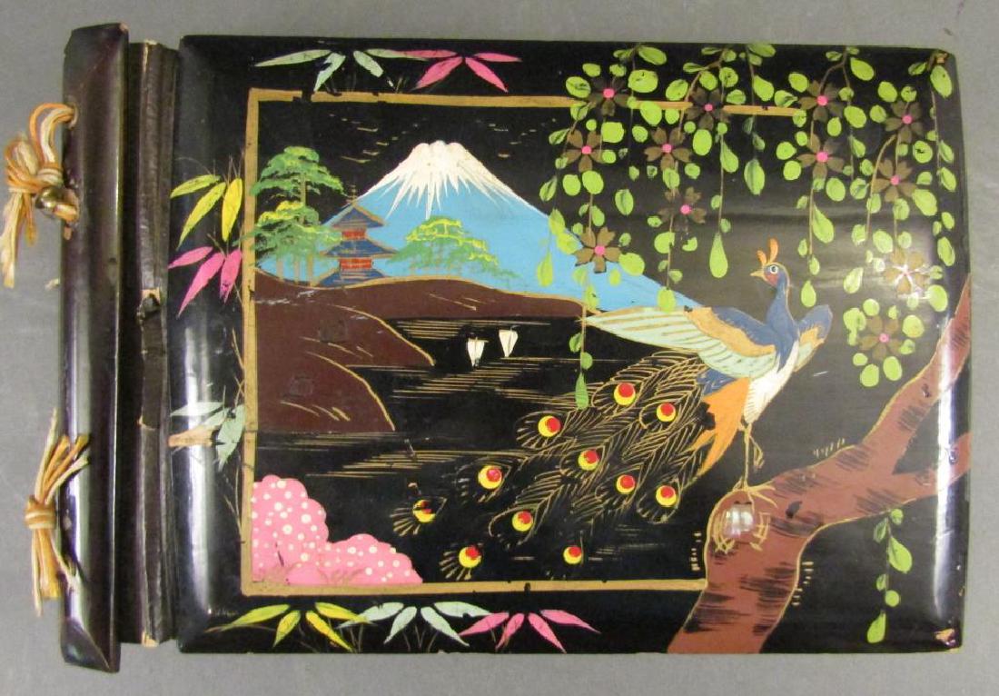 After Bettie Page - Photo Album: Photo album of vintage female nudes. Hand painted wood cover. 8" X 11" X 2.5". ("Friends of Bettie Page?" and possibly by Bunny Yeager)