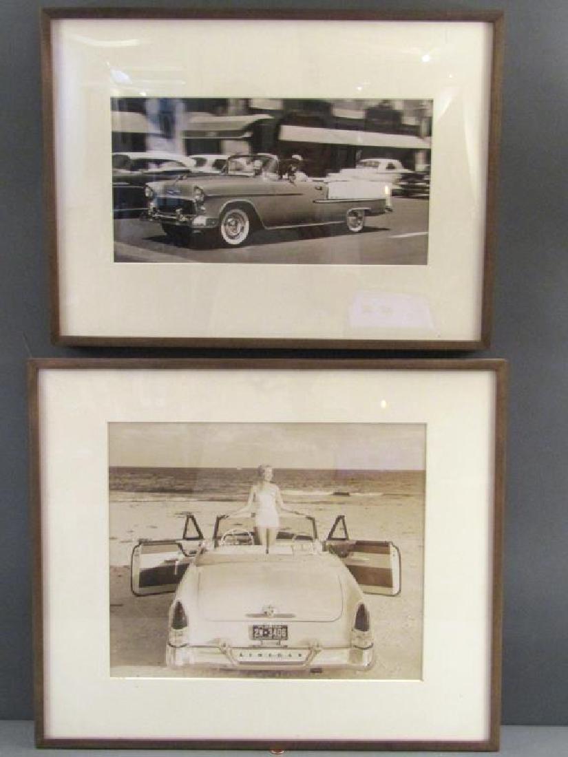 Edward Scherck - 2 Photographs: Black and white, and toned silver prints. American convertibles, couple in city, and Lincoln and Bathing Beauty,". James Danzinger Gallery labels on verso. Circa 1950's. Larger: 14" X 16.5" (21" X 25"