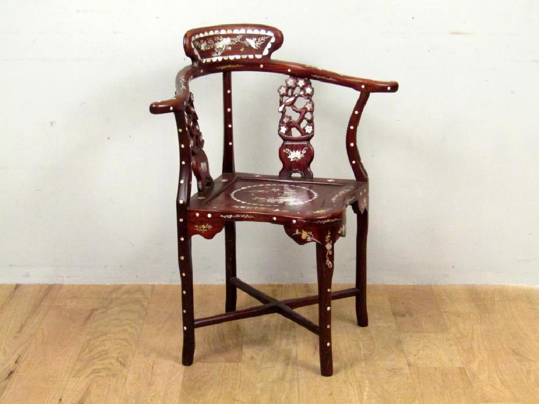 Chinese Inlaid Corner Chair: Mother of pearl inlays on rosewood. Some lifts, one apron corner loose. As is. 31"W X 22"D X 35"H
