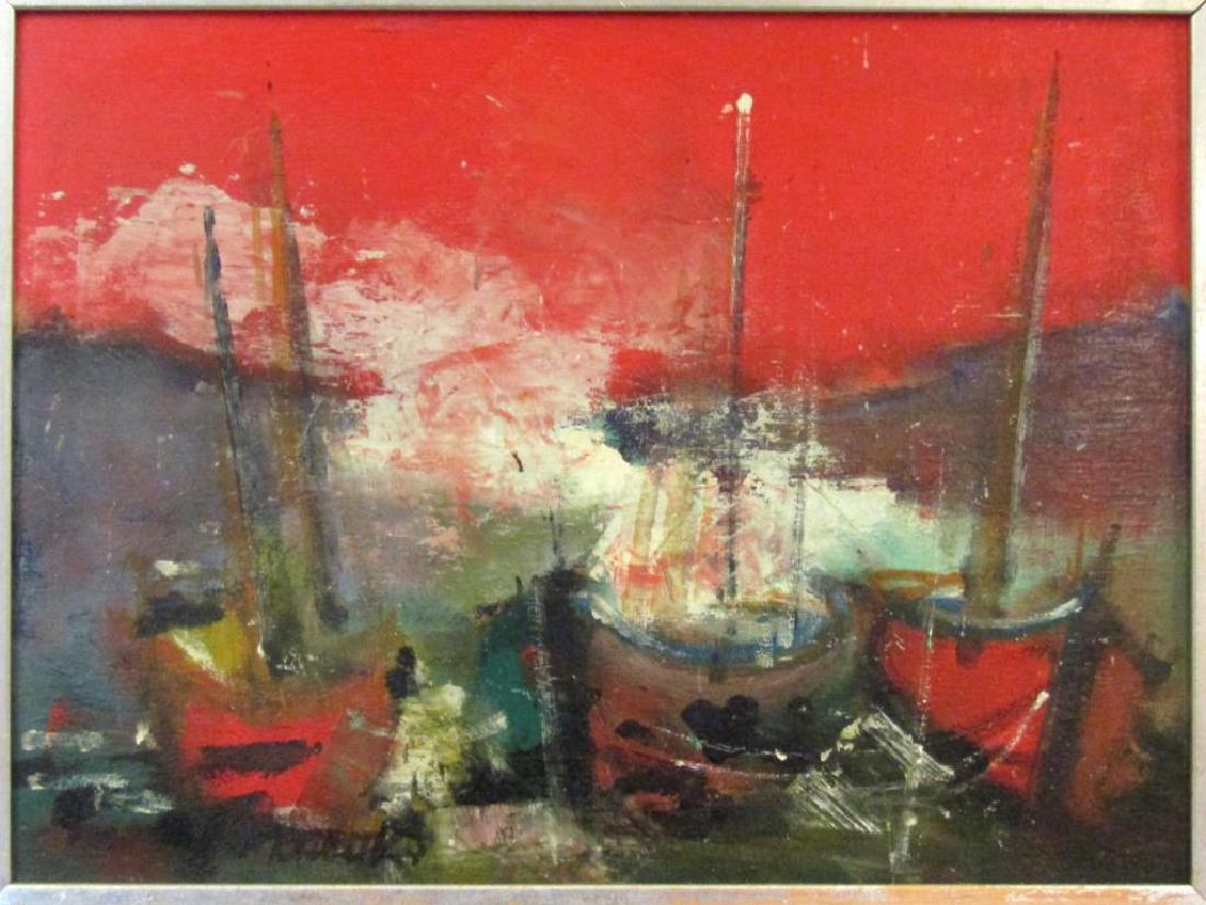 Jordi Bonas (French 1937 - ) - Oil on Board: Abstract renderings of docked boats. Signed lower left and on verso. Title on verso. 12.5" X 16.5"