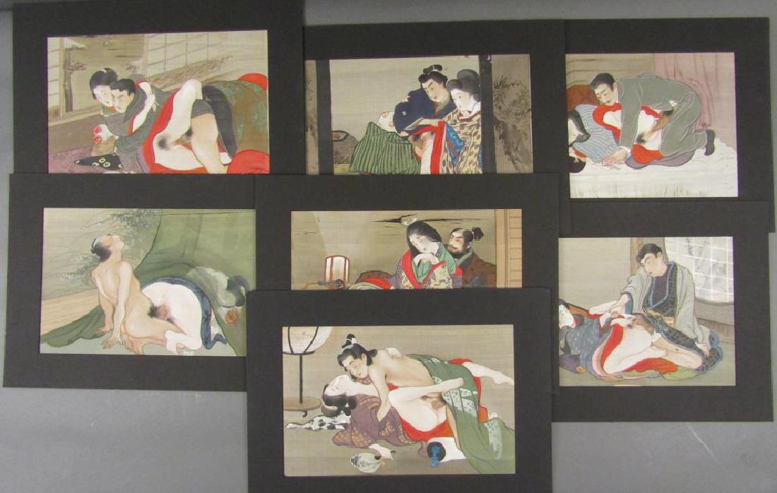 Set of 7 Japanese Shunga Prints: Woodblock on silk. Erotic scenes with men and women coupling. All signed on upper right. 10" X 14.5"