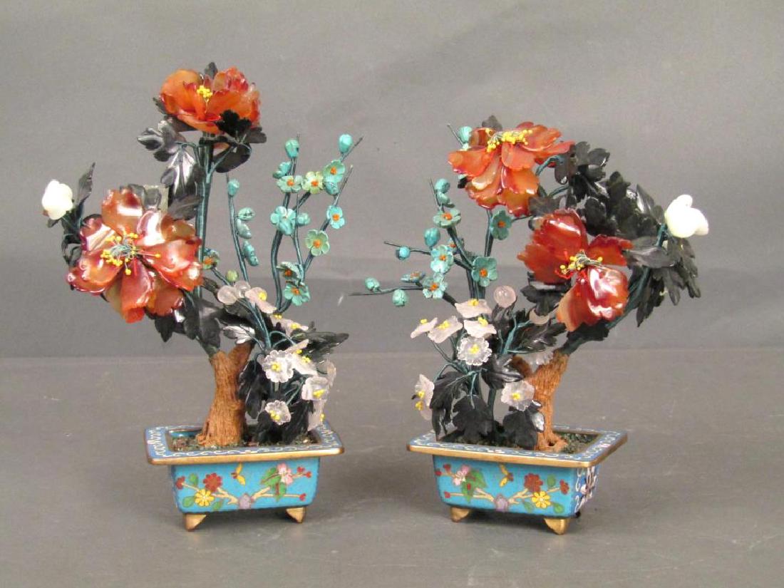 Pair Cloisonne & Hardstone Table Top Trees: Hardstone flowering trees arrangement in cloisonne planters. Possible carnelian and lapis. 8.5"H