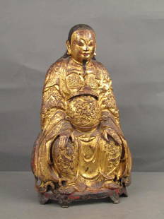 Heavy Cast Metal Seated Buddha: Gilt and painted seated Buddha. Break as shown. 14"W X 8"D X 24"H