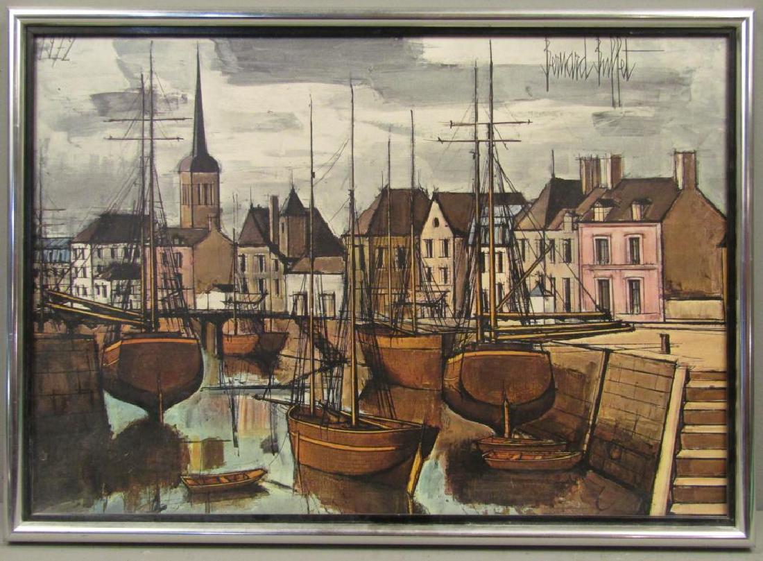 Bernard Buffet Giclee: Dock scene with houses and boats. 14.75" X 21" (16.5" X 23")