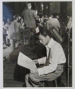 William Gottlieb (American, 1917-2006): Gelatin silver print. "Frank Sinatra," Sinatra in foreground with music sheet. Signed and titled on verso. Hubert Gallery North, New York. Photo has not been removed from frame. Sight: 12.5" X 10.25"