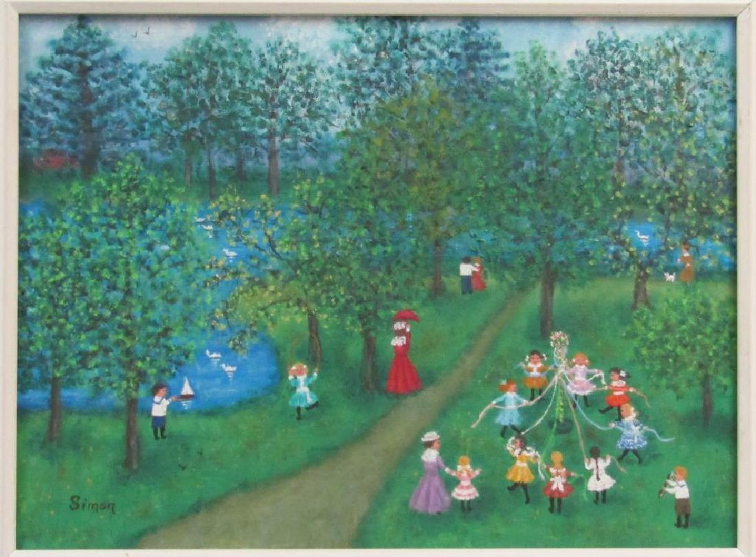 Mollie Simon (American, b.1891) - Oil on Canvas: "The Maypole," park scene with children dancing around a maypole. Signed. 11.5" X 15.5" (17.5" X 21.5")