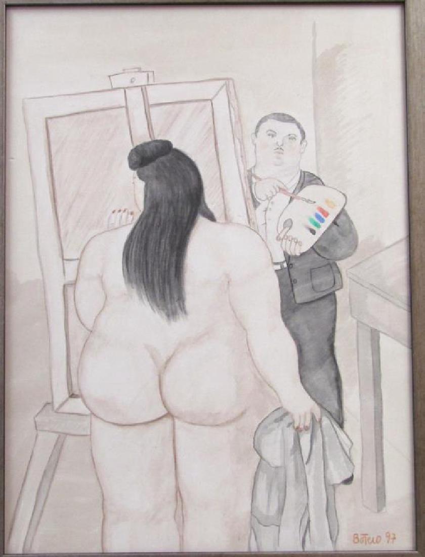 After Botero - Oil on Canvas: Man painting woman. Signed lower right. Dated 97. Small tears in canvas. 23.5" X 17" (25.5" X 19.5")