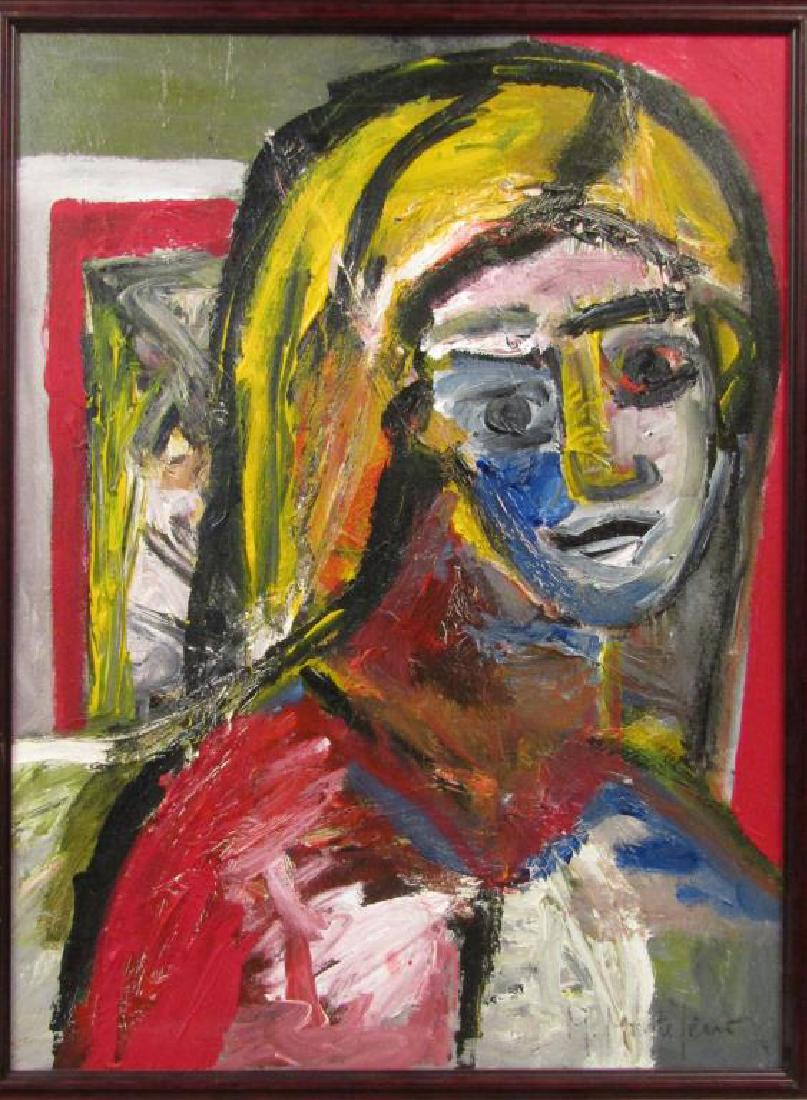 M. Montefleur (?) - Oil on Canvas: Cubist / Abstract portrait of a woman. Signed lower right. Portrait of woman on verso. Dated New York 1995 on upper right, signed center etc.. 23" X 17.5" (26.5" X 20.5")