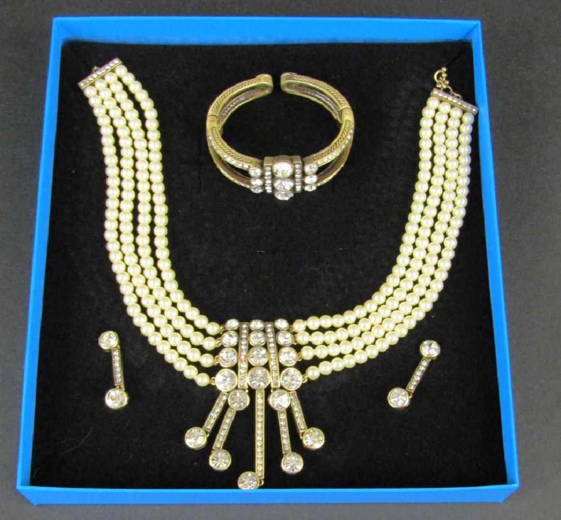 Heidi Daus Costume Jewelry Suite: Faux pearl choker, earrings, and cuff. Choker: 18.5"