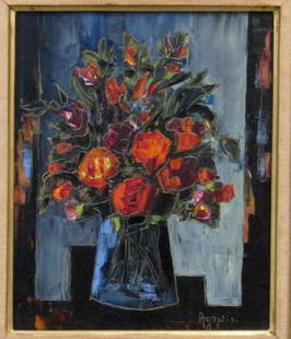 Tony Agostini (French, 1916-1990): Mixed media on canvas. Still life of flowers in a vase with incised yellow outline. Signed lower right. 10" X 8.5" (17" X 15")