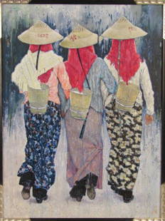 Wang Zhen Hua - Oil on Panel: "Dai Minority" - 3 figures walking. Wood panel mounted on a cradleback. Signed lower right, written on back and a paper label. 31.5" X 23.5" (35" X 27"). Chips on frame paint.