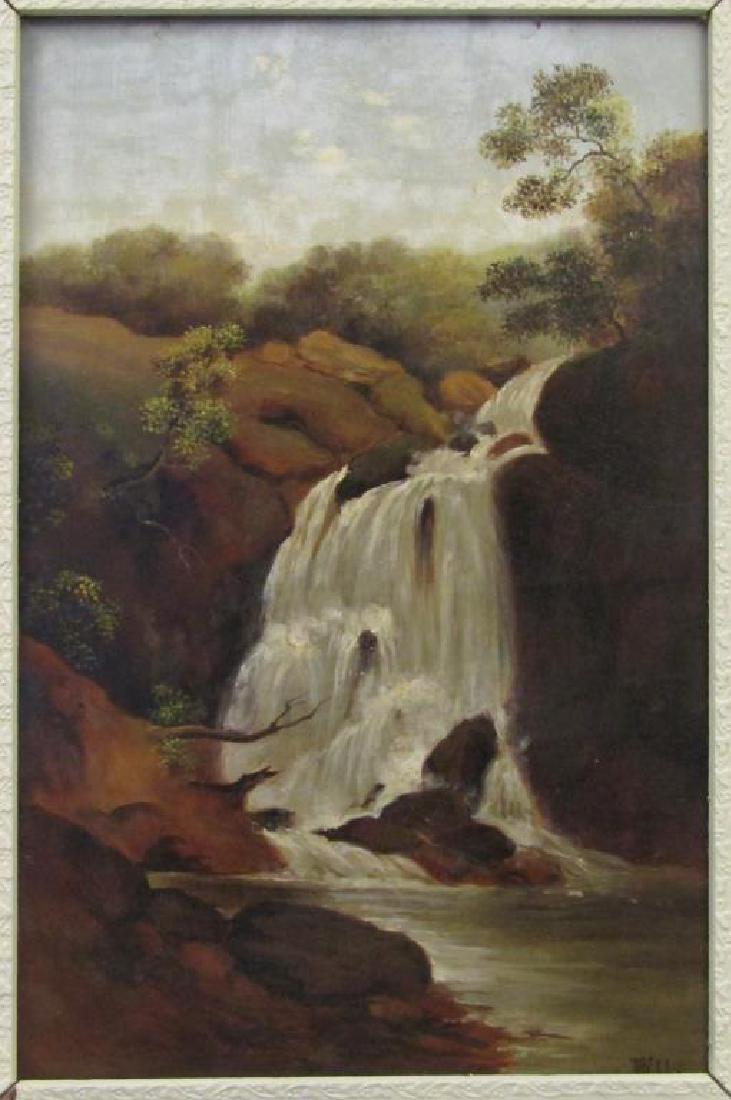 In the Manner of Thomas Hill - Oil on Board: Landscape with waterfall. Signed lower right. 18" X 12" (23" X 17")