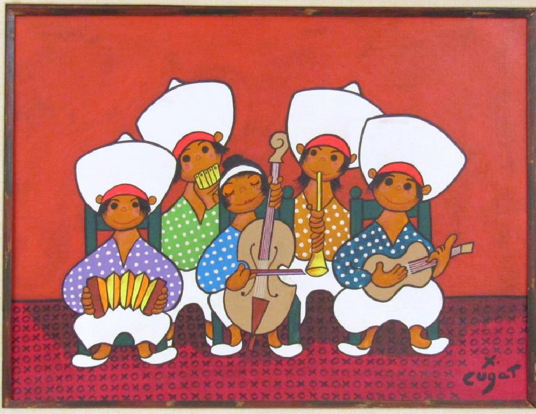 Xavier Cugat (Spanish/ American, 1900-1990) -: Oil on canvas panel. Group Therapy," 5 musicians on and X and 0 tiled floor. Signed lower right. Title and number 150/425 (likely price in correlation with information on label, not edition number) on