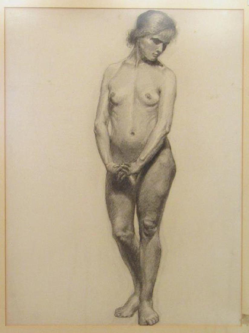 Unsigned - Charcoal on Paper: Nude study of a woman. "Strathmore Papers" blind stamp on upper left corner. 23.5" X 18" (29.5" X 23.5")