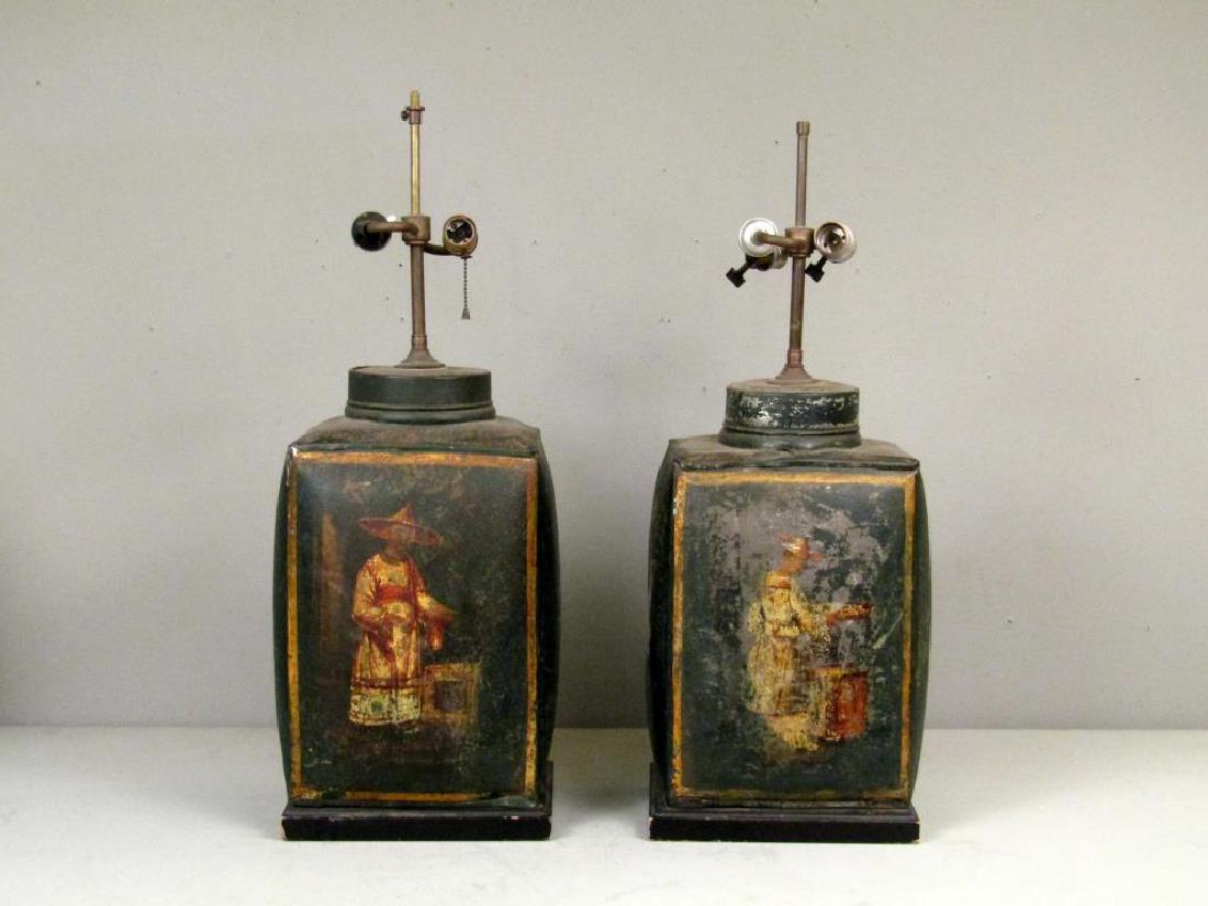 Pair Antique Tole Tea Canister Lamps (1 of 9)