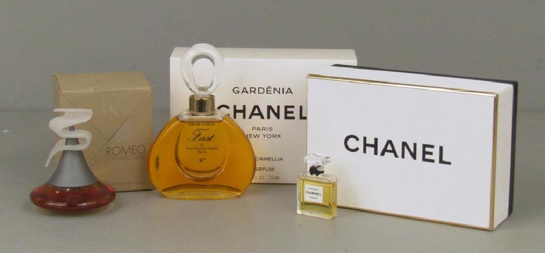 3 Perfumes: Romeo di Romeo Gigli (with original box), Van Cleef & Arpels, and Chanel Gardenia (with original case and box).