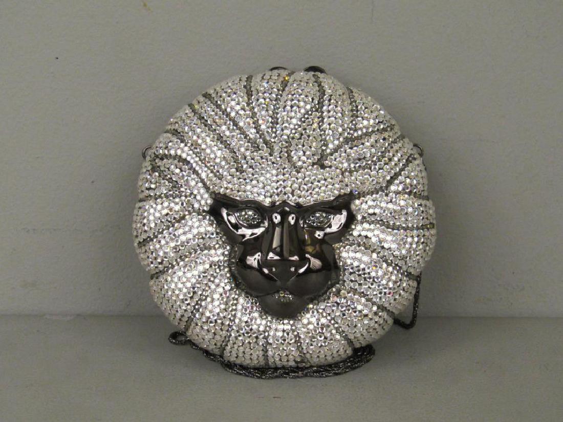 Sequined Hard Case Lion Face Purse: Metal snap case with velour interior. Lion face form with sequined eyes. Judith Leiber Style. 6"Dia.