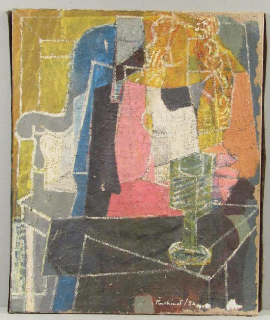 Max Pinchinat (Haitian) - Oil on Canvas: Abstract shapes Possibly still life with chair and cup. Signed and dated '54 on lower right. Losses. Repair. 29" X 24"