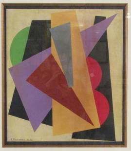 After Liubov Popova (Russian,1889-1924): Mixed media. Colorful overlapping geometric shapes. Signed lower left and dated 1916. 19" X 17" (28.5" X 26.5")