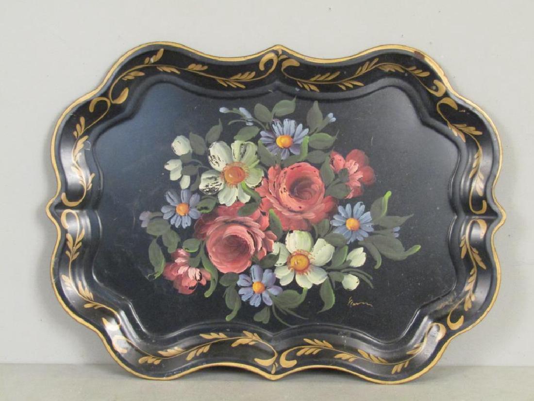 Hand Painted Tole Tray: Center with burst of daisies and flowers. Signed lower right. Paint losses. 27" X 20"