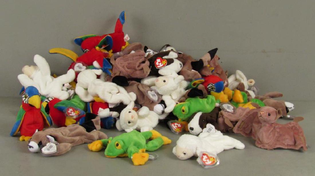 Large Lot of Beanie Babies: Jabber, Smoochy, Bruno, Fleece, Ringo, and Batty (approx dozen each)