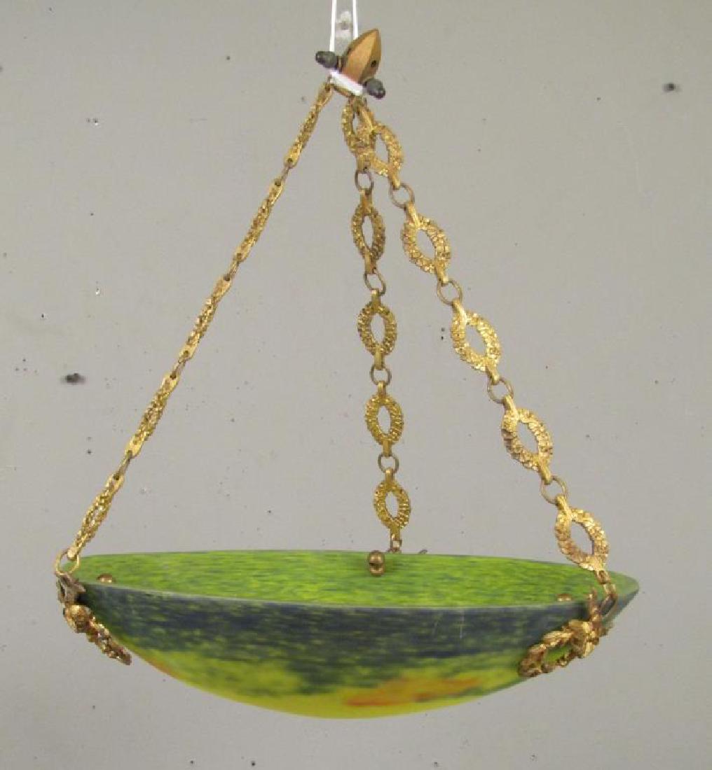 Signed Art Glass Dome Fixture: Gilt metal chains and mounts. Multicolored glass bowl. Signed. 16"Dia. X 19.5"H
