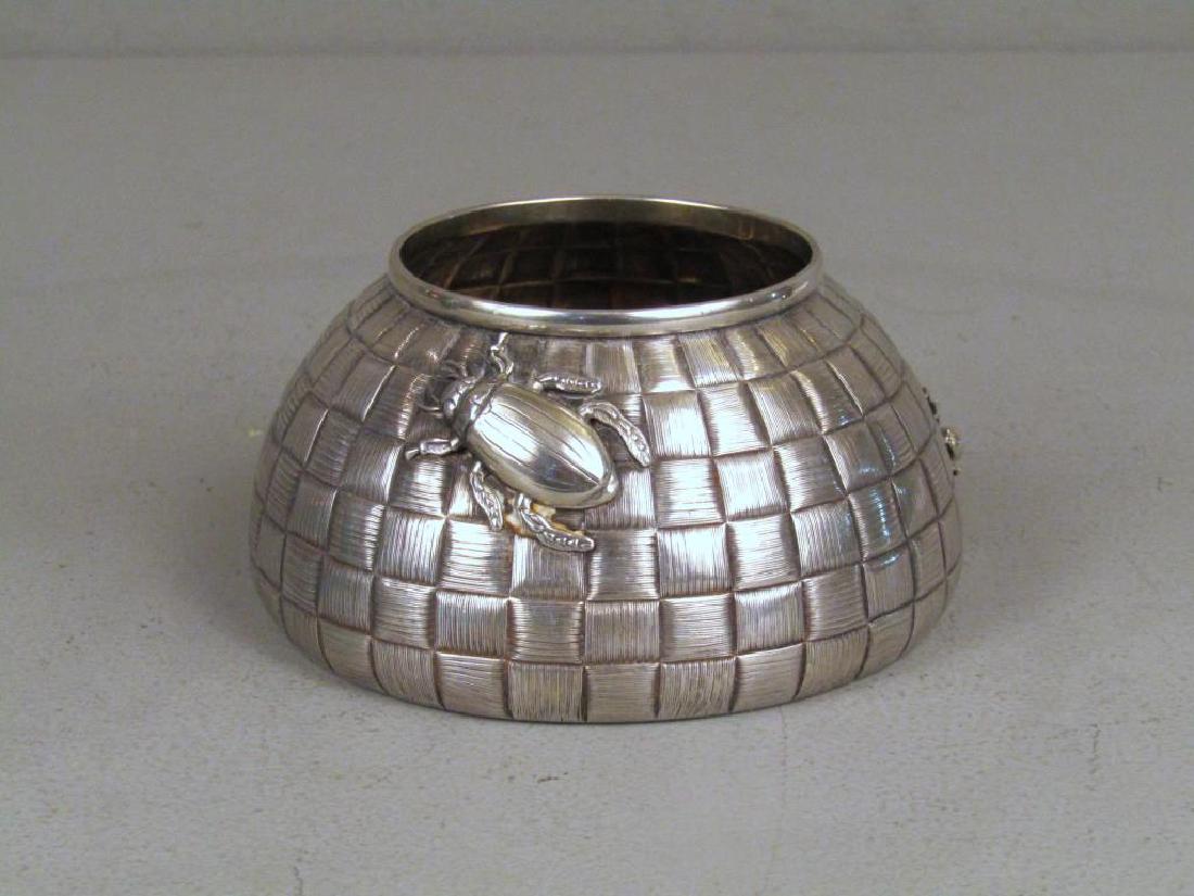 Ovchinnikov Russian Silver Honey Pot: Open pot with beetle, bee, and spider figures on basket form body. Marked on base. Dented as shown. 10.2 troy oz. 5Dia. X 3"H"