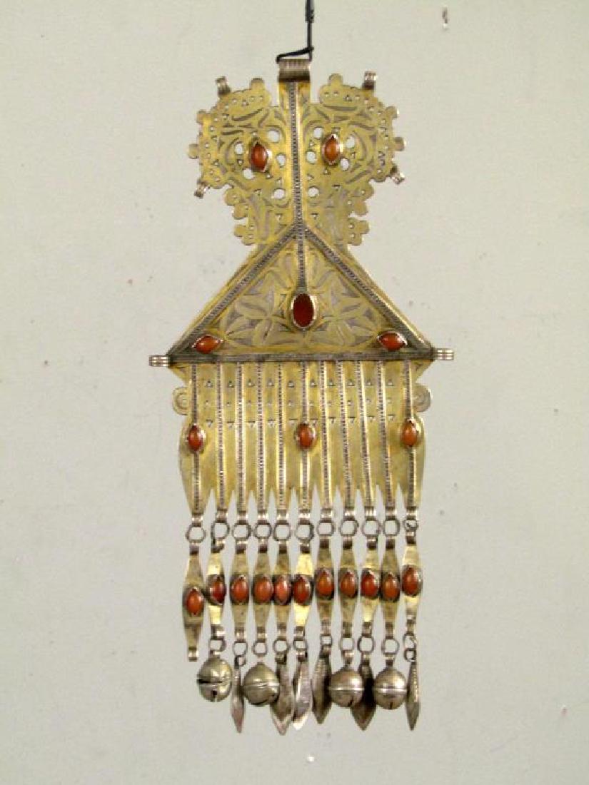 Vintage Silver Carnelian Pectoral Decoration: Pierced plate with inset stones and bell and leaf finials. 5W X 10"H"